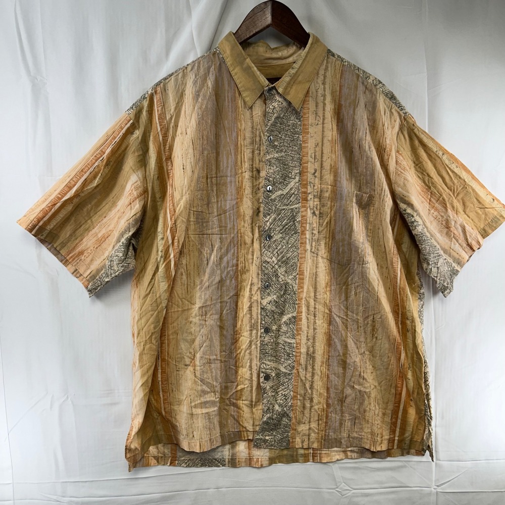 Tori Richard Button Up Shirt Mens 2XL Tan Abstract Stripe Cotton Lawn USA